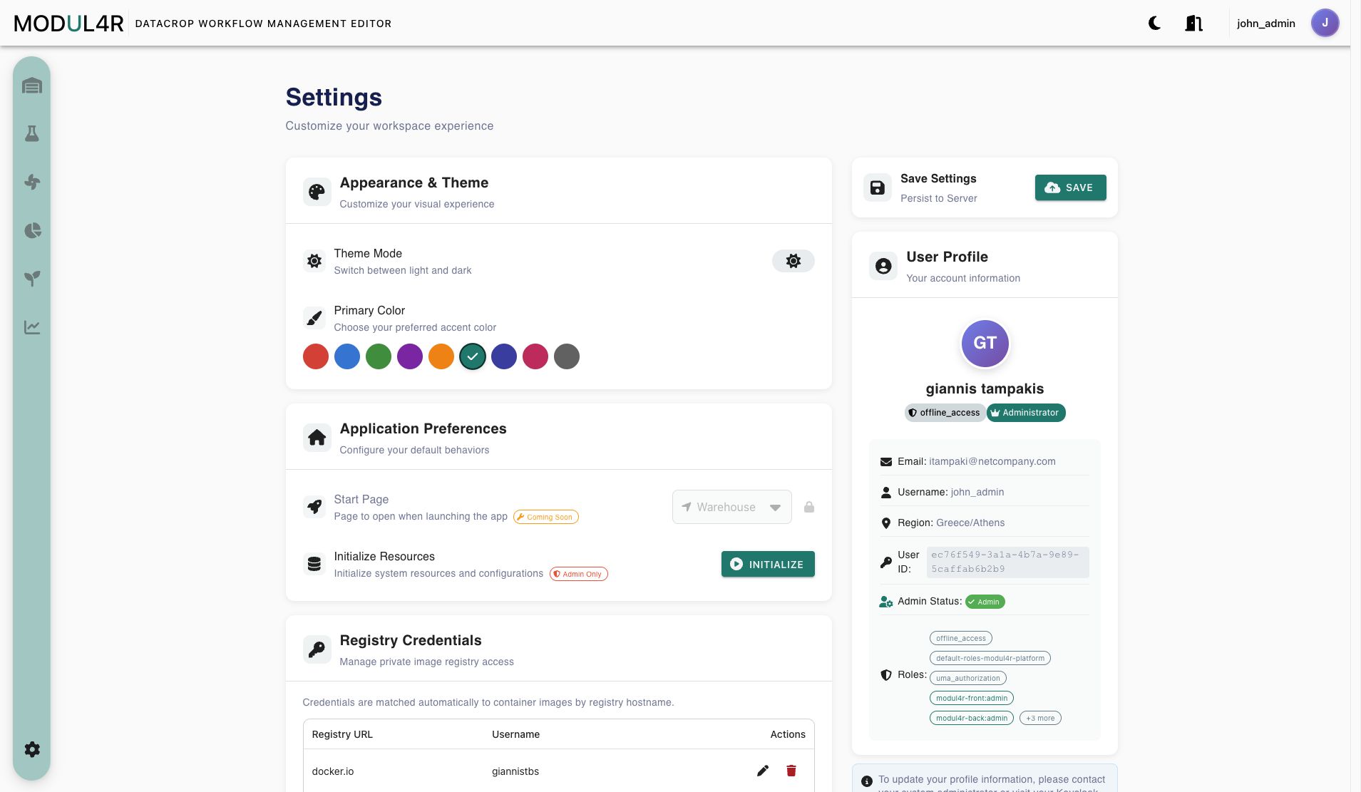 Settings page